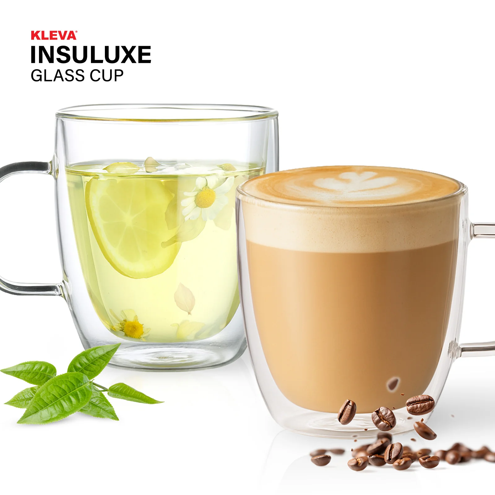KLEVA® InsuLuxe Double-Wall Insulated Glass Cups 2 Pack for Hot & Cold Drinks